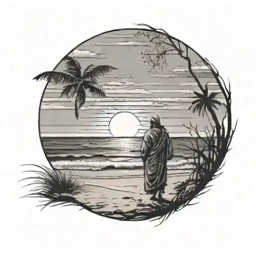 A Beach Scene With A Religious Figure Walking Into The Sunset
