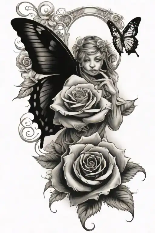 Rose With Babyfairy Sit On With Butterflywings An Sunrise In Backround