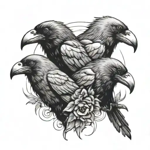 3 Headed Crow With Each Head Facing In A Different Direction