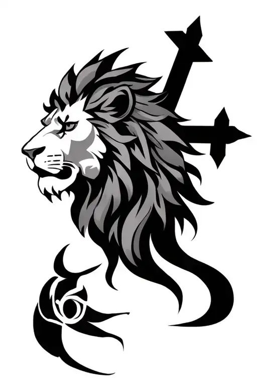 Lion Head With Cross And A Warrior