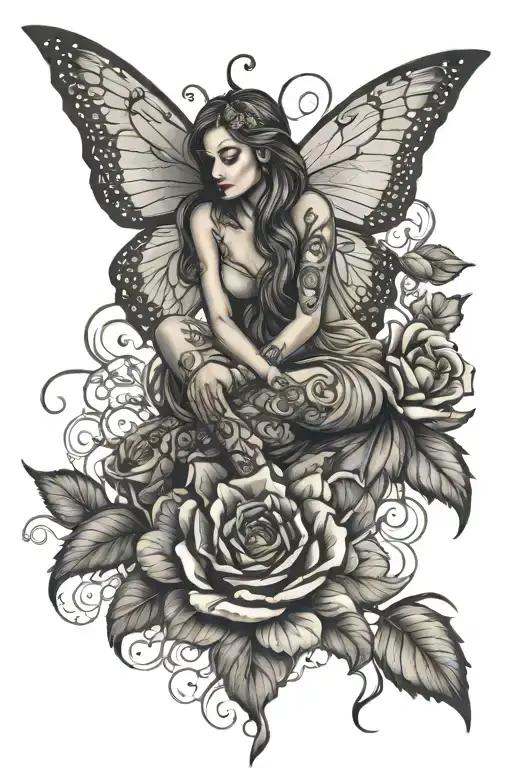 Fairy Sit On Rose With Butterflywings And Sunrise In Background As Mandala