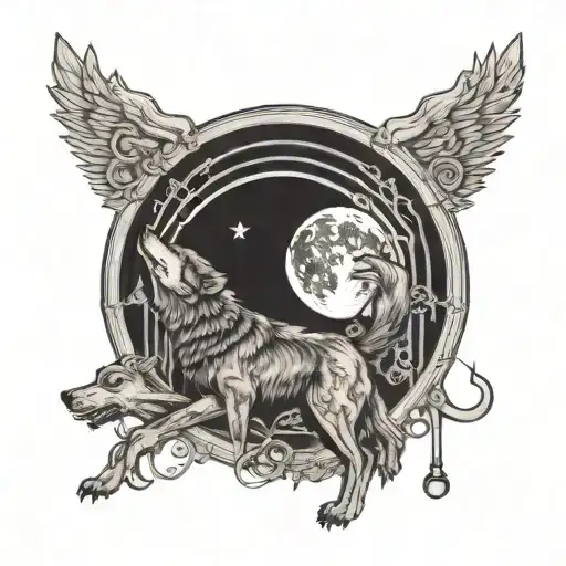 An Intricate Tattoo Of A Wolf Howling At The Moon With A Music Staff Weaving Through Its Fur