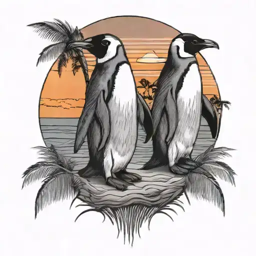 Penguins Holding Hands And Palm Trees Colors Sunset