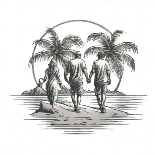 Mom Dad Son Walking Along The Beach Moon Shining On The Sides Palm Trees