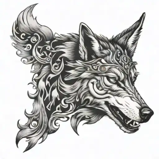 Wolf Head With Horses Running Underneath