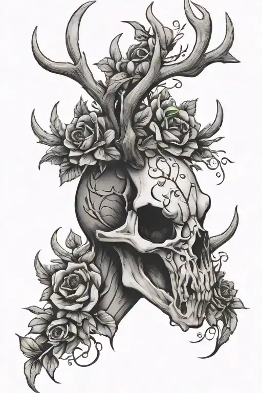 Deer Skull Flowers Intertwined On Antlers Surrounded