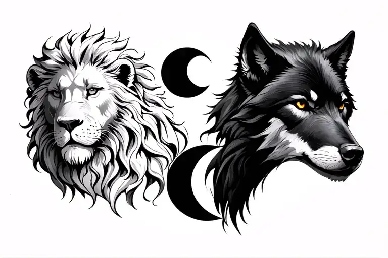 White Lion With Sun And Black Wolf With Moon