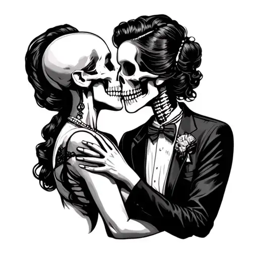 Traditonal Tattoo Of Women Grabbing A Skeleton Man In A Suits By The Face To Go In For A Kiss