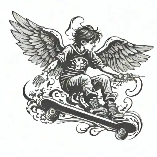 Silhouette Of A Teenage Boy With Angel Wings Skateboarding