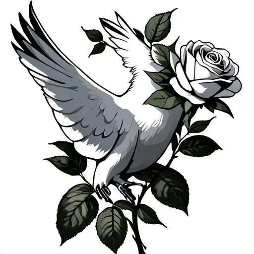 White Dove Carrying A Large Rose In Its Beak