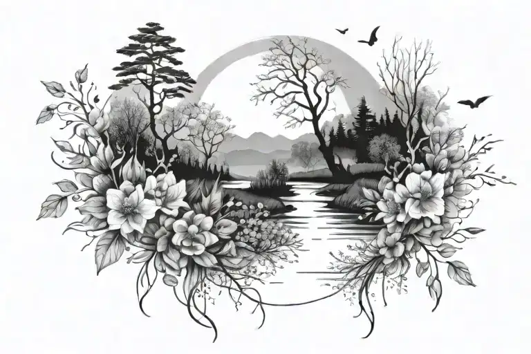 Fine Line Spring Summer Autumn Winter Scene Featuring