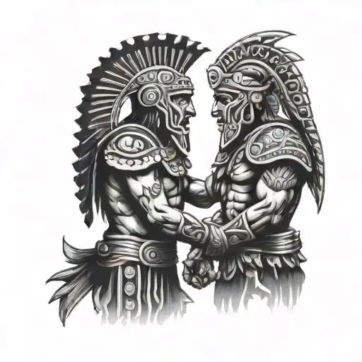 Aztec Warrior And Spartan Warrior Shaking Hands