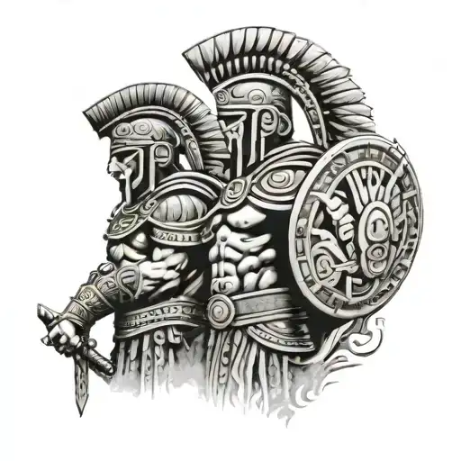 Aztec And Spartan Warrior Standing Side By Side View