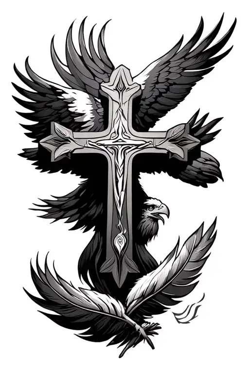 Christian Cross Combine With Eagle Feathers Falling