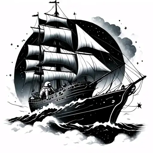 Spaceman And Sail Ship Sailing Through Stormy Space And Stars