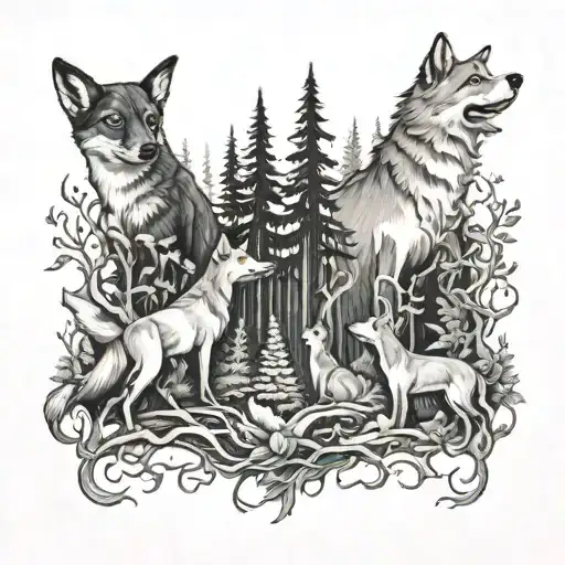 Forest With Hounds And A Fox Surrounded