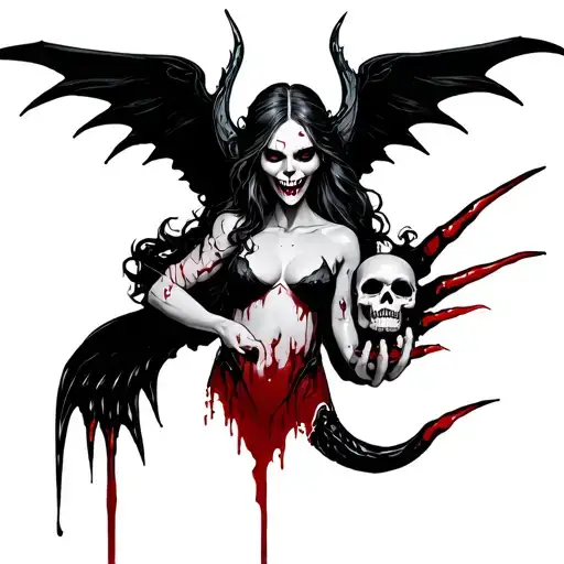 A Evil Deadly Siren With Blood And Black Claws And A Skull In Her Hand