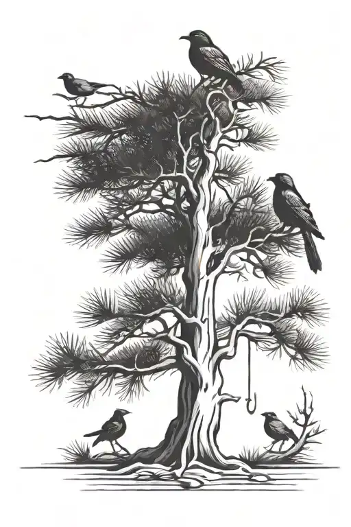 A Cedar Tree With Scales Hanging On It And Three Birds Sitting On The Branch