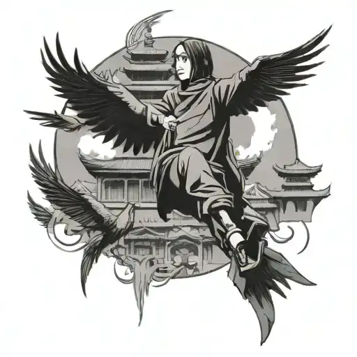 Itachi Anime With Crows Flying Near A Temple Surrounded