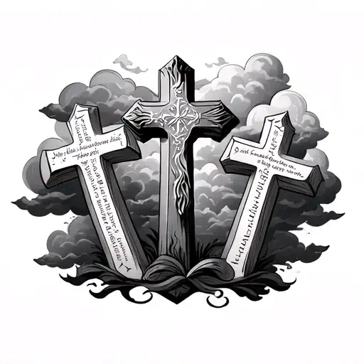 3 Crosses With Clouds Around Them With Bible Verses