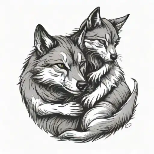 Cat And Wolf Hugging Each Other