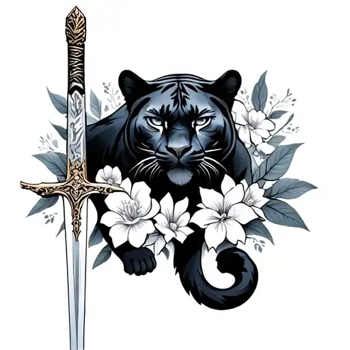 Full Body Panther With Sword And Flowers