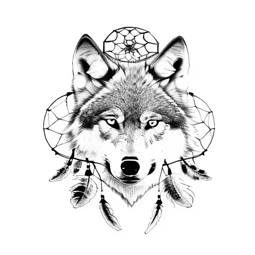 Wolf And Dreamcatcher With Oak Tree