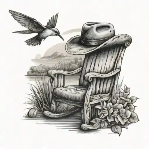 Rocking Chair With Cowboy Hat Cowboy Boots And A Hummingbird Overlooking A Pond And Country Scene