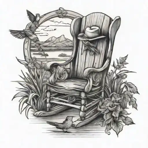 Rocking Chair With Cowboy Hat Cowboy Boots And A Hummingbird Overlooking A Pond And Country Scene