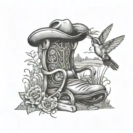 Rocking Chair With Cowboy Hat Cowboy Boots And A Hummingbird Overlooking A Pond And Country Scene
