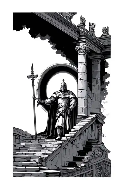 Medieval Knight Ascending Stairs Going Into Heaven