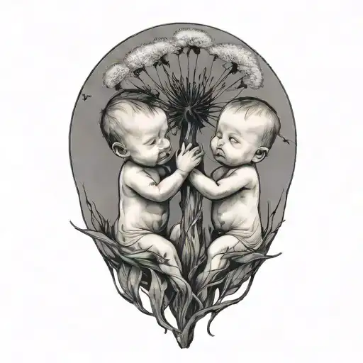 Two Babies Holding Unto The Root Of A Big Dandelion Flower