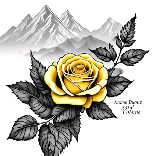 Mountains And Yellow Rose With Name And Dates Memorial Tattoo Inspired