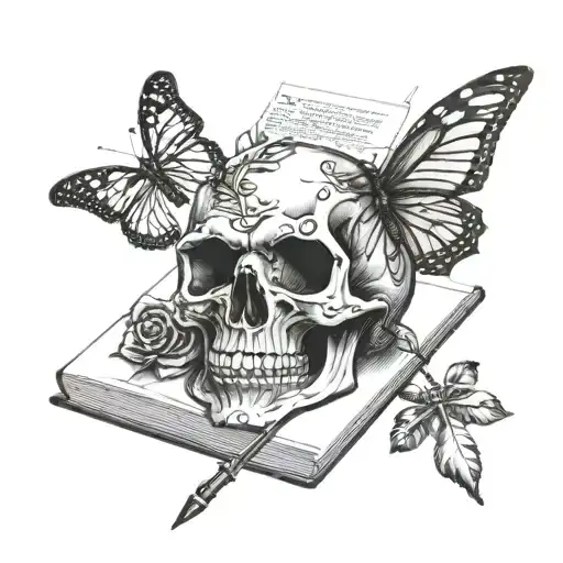 Dagger Piercing Skull Over A Book With A Monarch Butterfly
