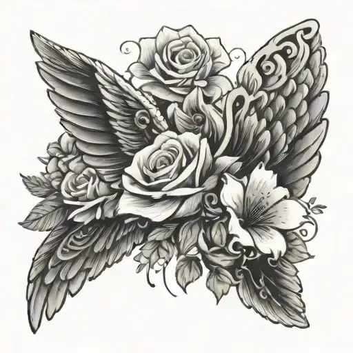 Half Angel Wing With Flowers And Date