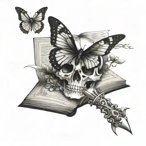Dagger Piercing Top Of Skull Over A Book With Monarch Butterfly