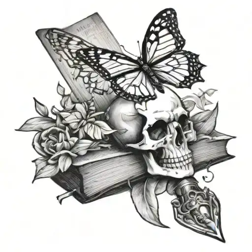 Skull Stabbed My Dagger Over A Book With Monarch Butterflies