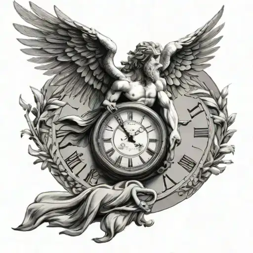 Zeus And Above Him Is A Clock With A Wings