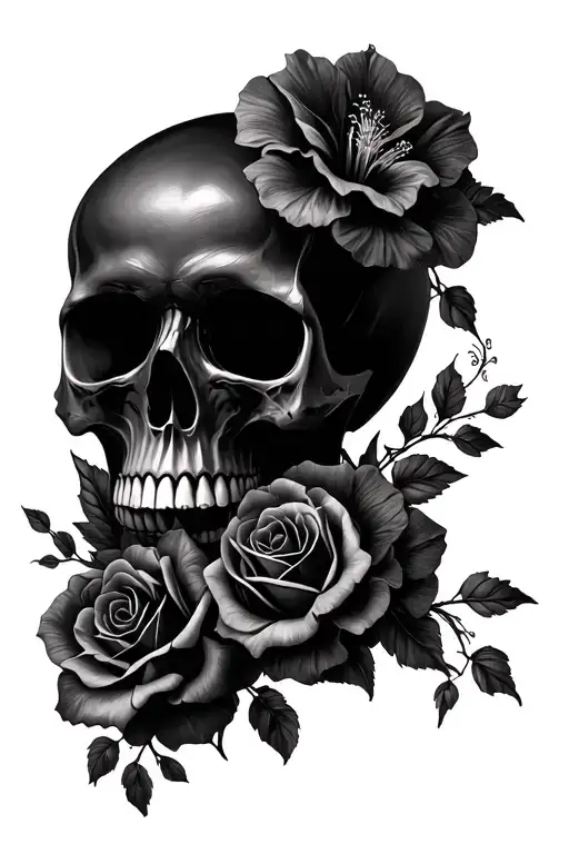 Skull W Roses Mayflowers Hibiscus