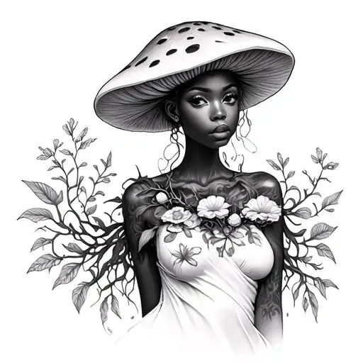 Black Girl Mushroom Head With Vines And Flowers Wrapping Around Her Body