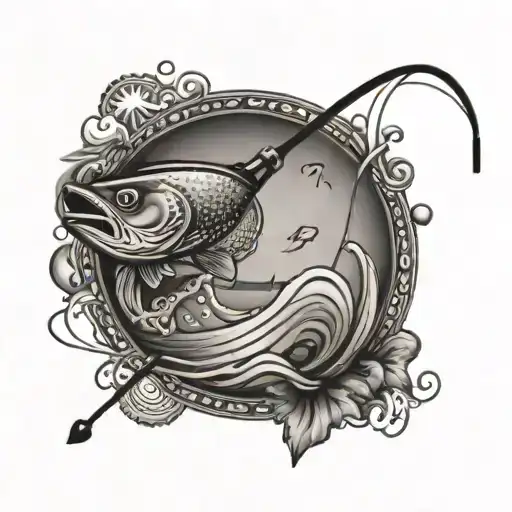 A Black And Grey Tattoo Of A Fishing Rod Casting A Line Into A Swirling Dotwork River