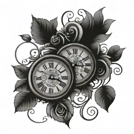 Two Clock Faces Above And Below Each Other With Roman Numerals Surrounded By Flowers On Vines