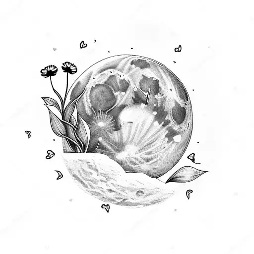 Moon With Daisies And Three Hearts