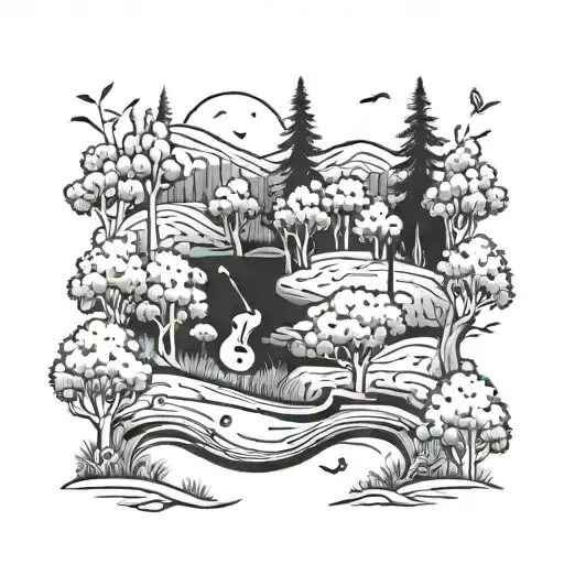 A Forest Landscape With Golf Holes As Trees And Musical Instruments Hidden Within The Scenery