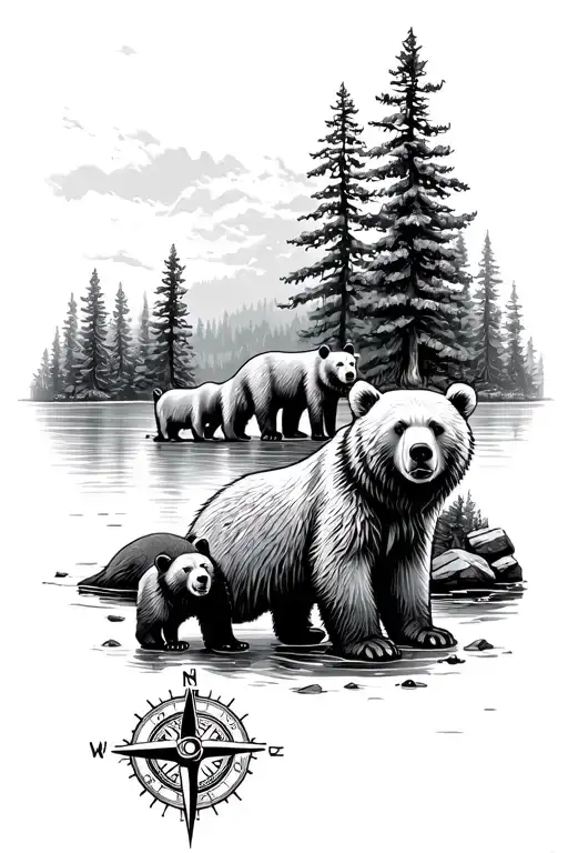 A Family Of 4 Bears With 2 Cubs In A Forest With A Lake And A Small Compass
