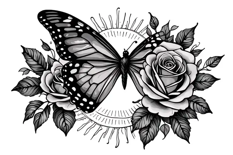 Butterfly Flying Towards The Sun With Roses