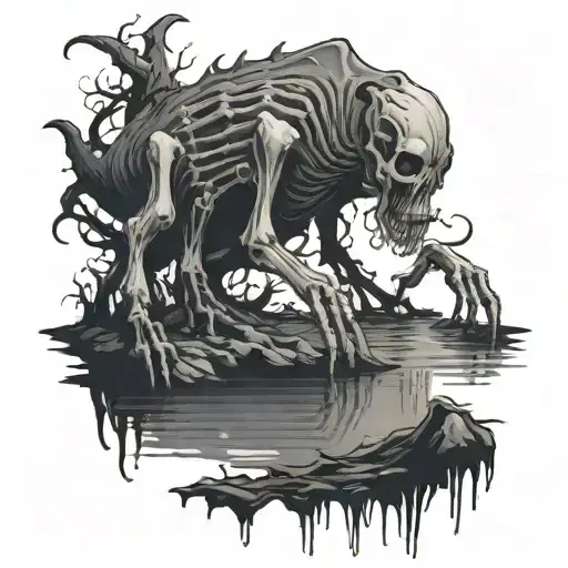 Dark Shadowy Lake With A Dark Eerie Skeletal Creature With Bright White Eyes Crawling Out Of It