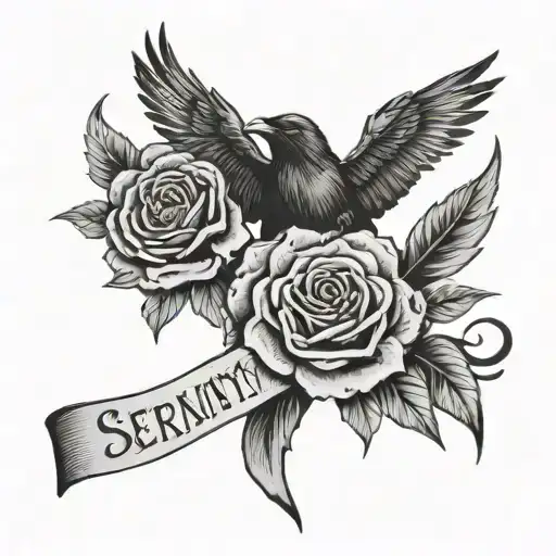 Serenity Prayer On A Banner With A Crow Who Has A Black Rose In Its Mouth In The Left Corner