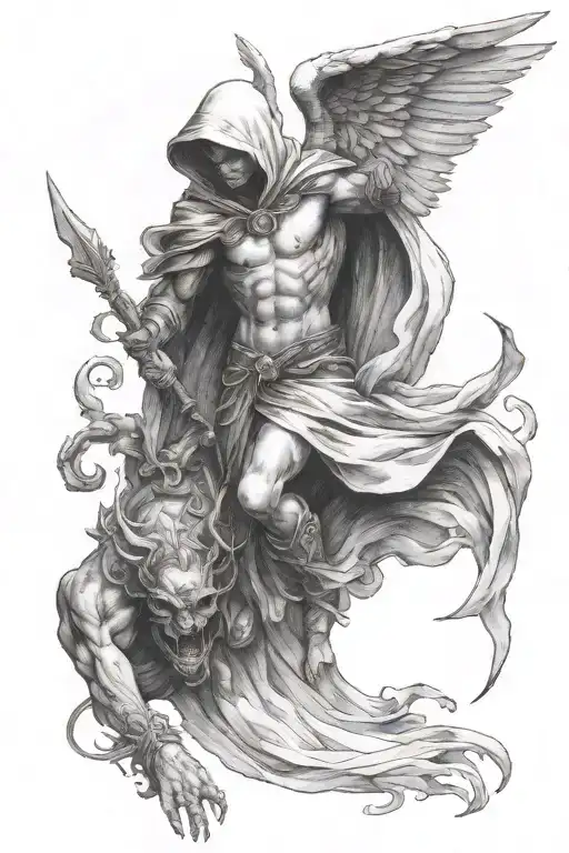 Hooded Arch Angel Defeating A Demon