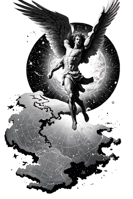 Icarus Falling From The Sun With A Map Of The Stars Around Him